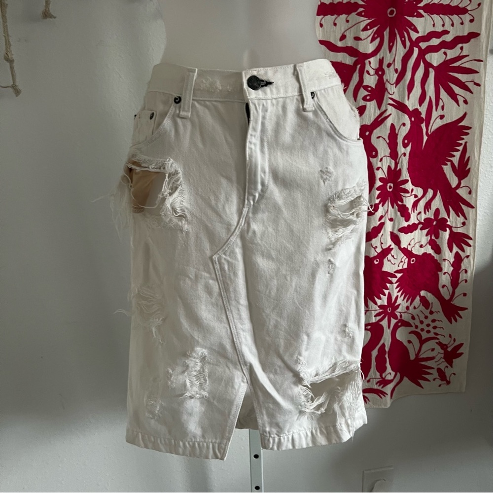 Distressed Long White Denim Skirt Rag & Bone